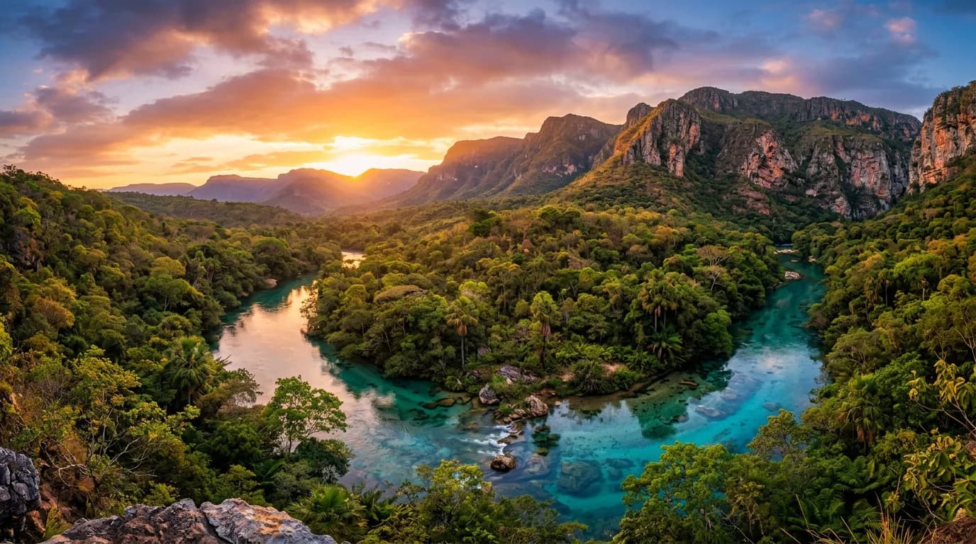 Paisagem panorâmica da Serra da Bodoquena e rio cristalino durante o entardecer celebrando o feriado de 11 de outubro em Mato Grosso do Sul