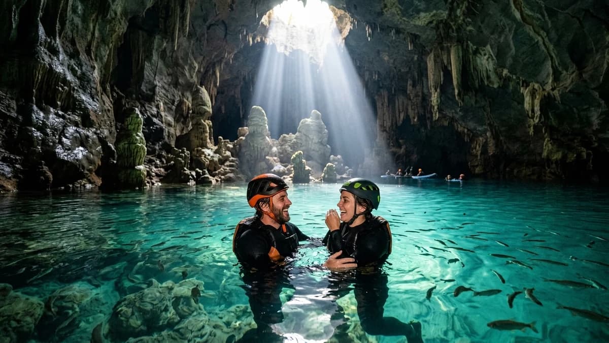 Casal de ecoturistas sorrindo e flutuando nas águas cristalinas azul-turquesa do lago subterrâneo do Abismo Anhumas em Bonito MS com raio de sol penetrando na caverna