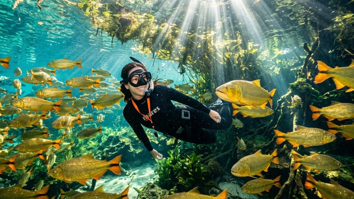Ecoturista feliz sorrindo e flutuando nas águas turquesa cristalinas do Aquário Natural em Bonito MS cercada por grandes cardumes de piraputangas e dourados sob feixes de luz solar