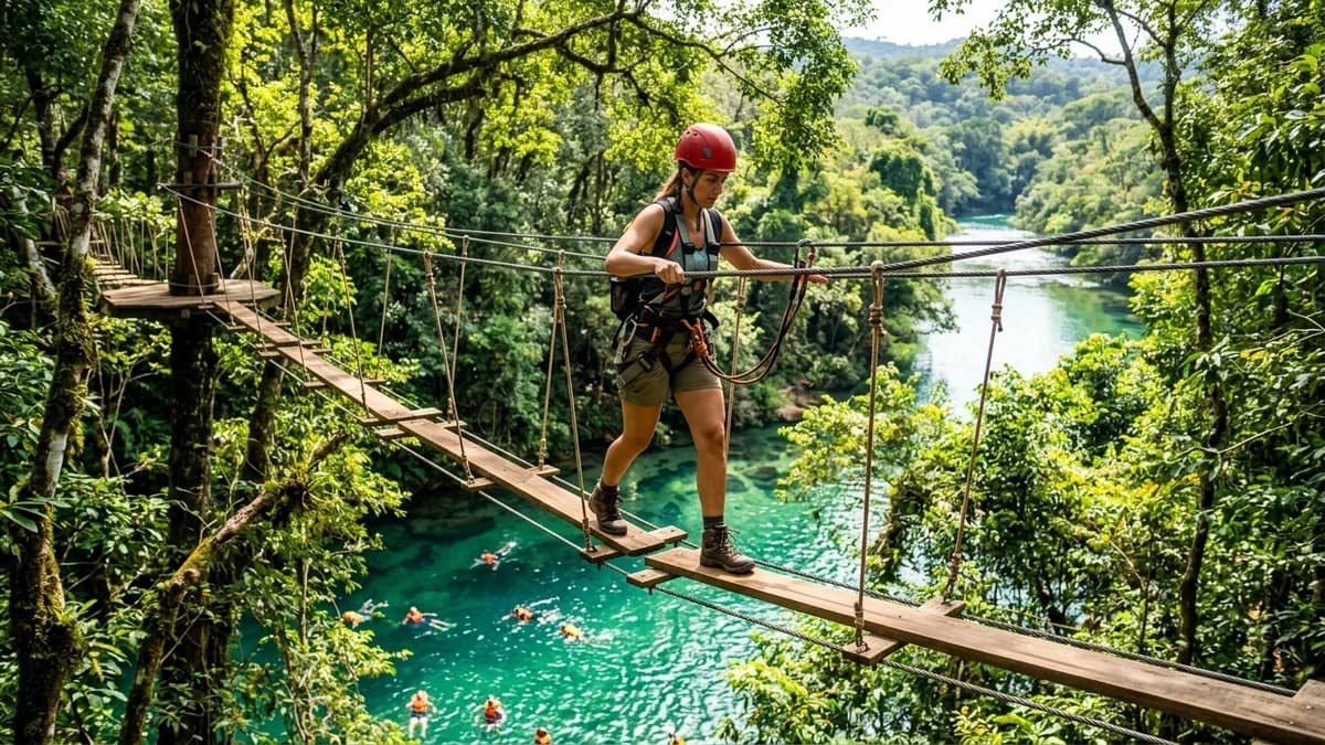 Turista com equipamento de segurança atravessando ponte suspensa de arvorismo na copa das árvores sobre o límpido Rio Formoso em Bonito MS em agosto