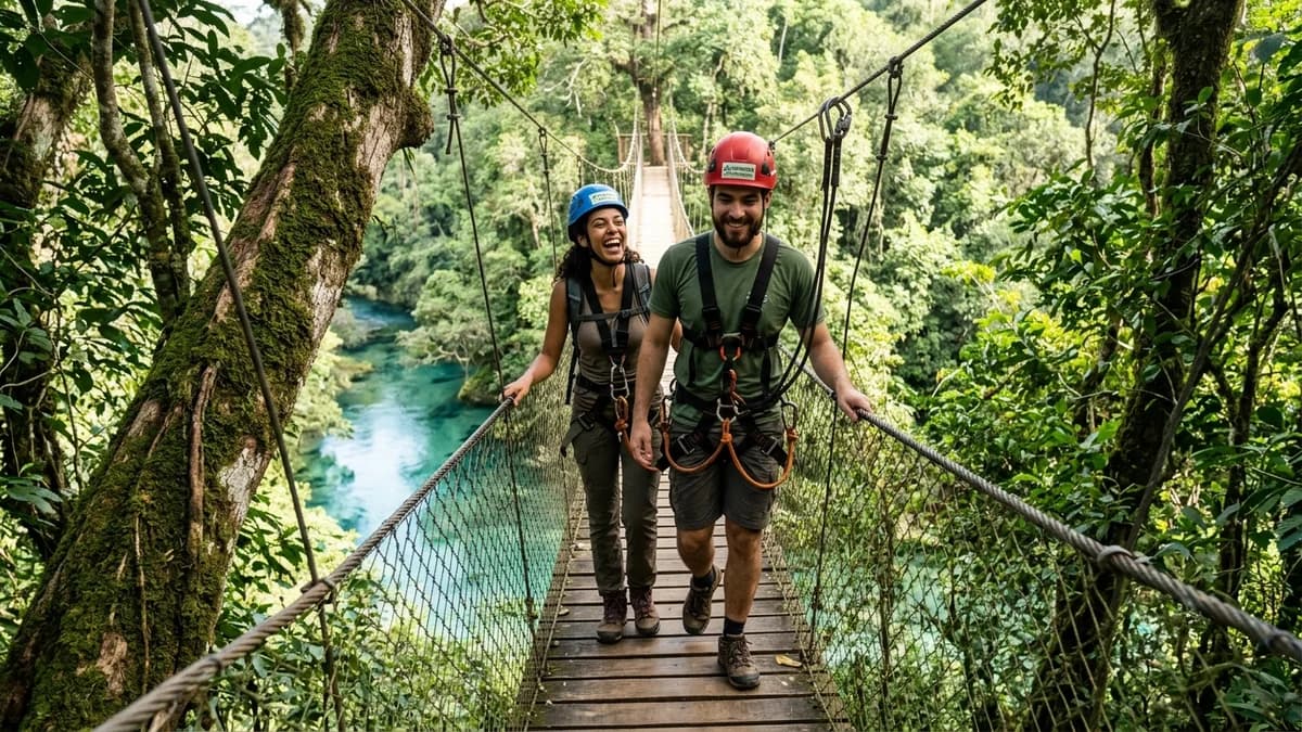 Jovem ecoturista equipado com capacete e cadeirinha de segurança atravessando ponte suspensa de madeira entre árvores centenárias no Arvorismo do Cabanas em Bonito MS