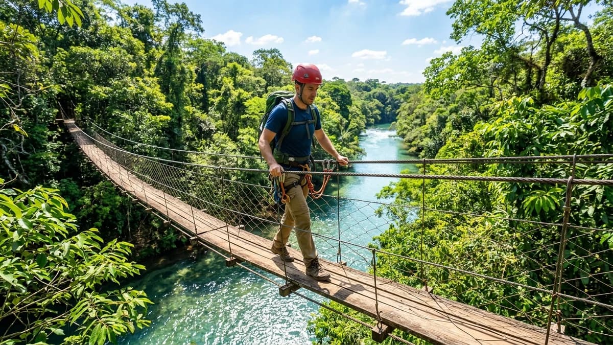 Aventureiro praticando arvorismo em ponte suspensa na copa das árvores ao longo do Rio Formoso no Hotel Cabanas em Bonito MS em setembro