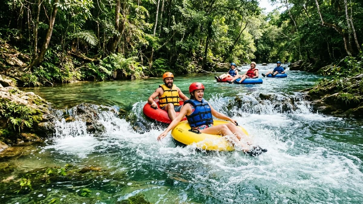 Aventurar-se em bóias circulares infláveis descendo pequenas corredeiras e cachoeiras com água verde esmeralda no Rio Formoso em Bonito MS em setembro