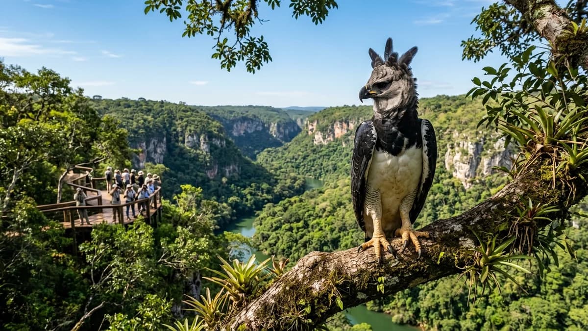 Harpia gavião-real majestoso pousado em galho de árvore nativa observando o cânion da Serra da Bodoquena MS com ecoturistas em mirante ao fundo em setembro