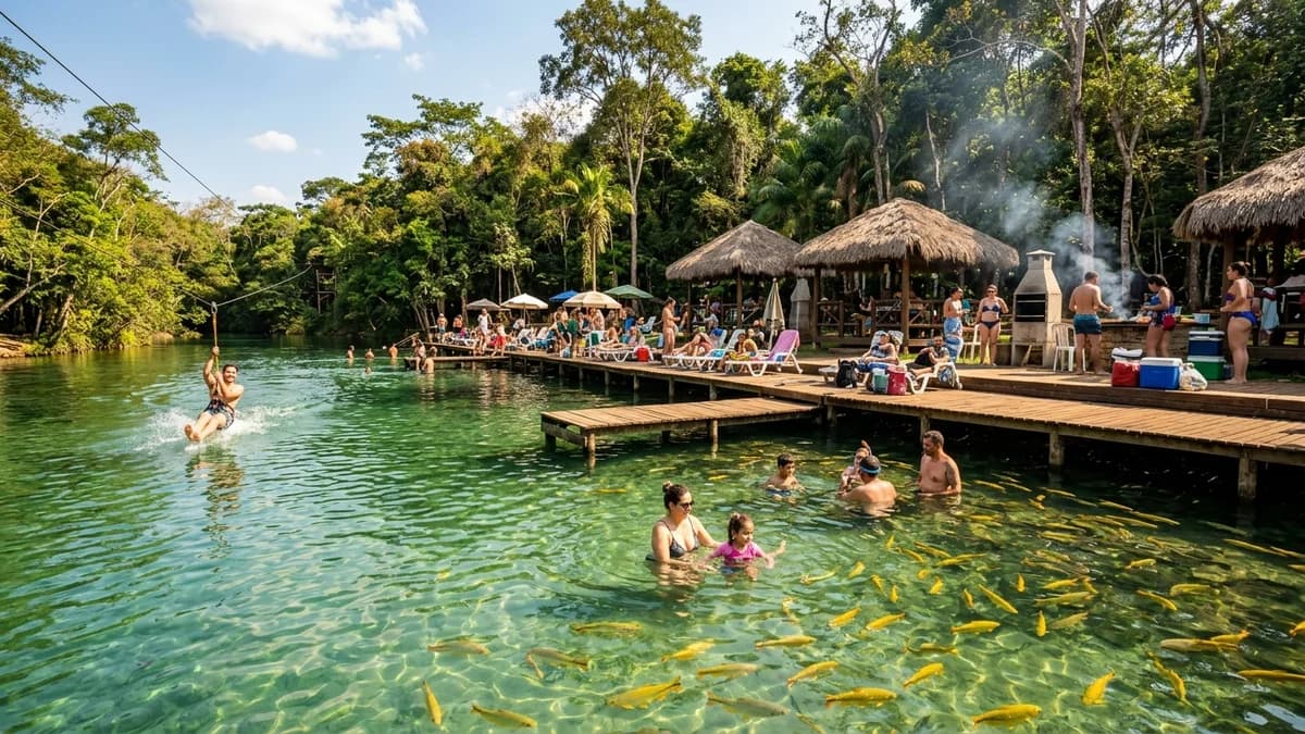 Famílias nadando nas águas cristalinas do Balneário do Sol no Rio Formoso em Bonito MS cercadas por Piraputangas amarelas e quiosques em agosto