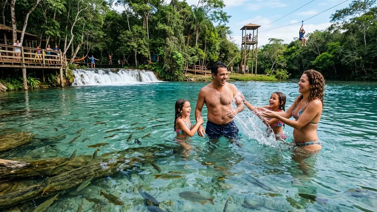 Família feliz relaxando e nadando com peixes nas águas transparentes do Balneário do Sol no Rio Formoso em Bonito MS com tirolesa e cachoeira natural ao fundo sob o sol de agosto
