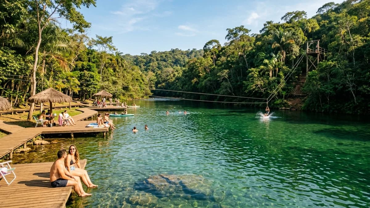 Pessoas nadando nas águas calmas verde-esmeralda do Balneário Vale do Paraíso no Rio Salobra em Bodoquena MS com tirolesa aquática e deques de madeira em agosto