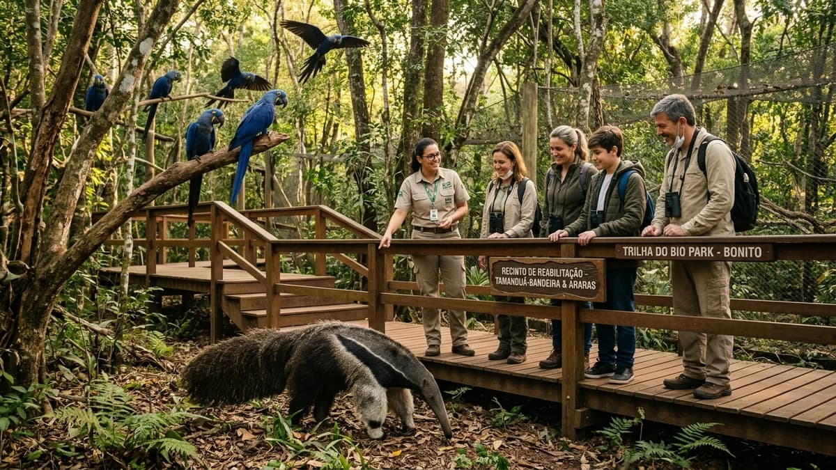 Bióloga apresentando tamanduá-bandeira resgatado e araras em passarela de madeira na mata nativa no Bio Park em Bonito MS para visitantes em agosto