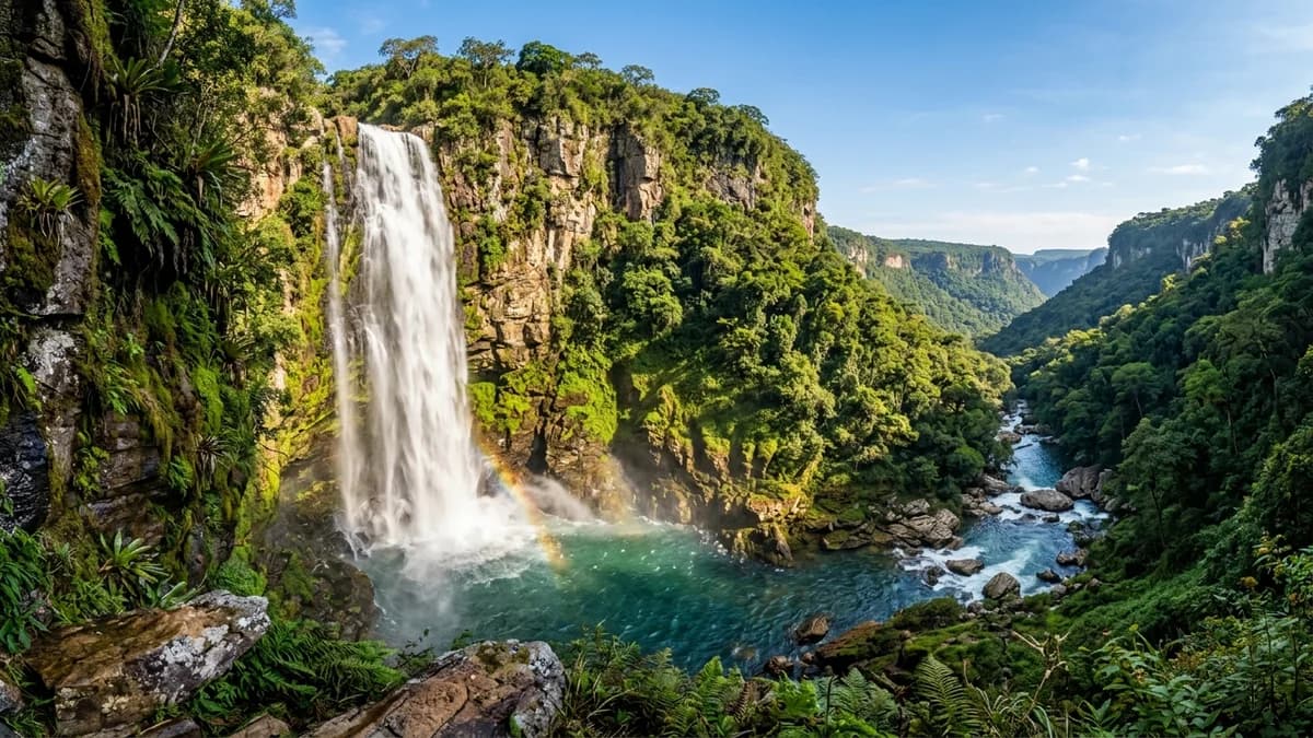Descubre la cascada más alta de Mato Grosso do Sul (156m) en Boca da Onça en primavera: el místico Buraco do Macaco, el cañón del Río Salobra, rápel de 90m y consejos de Pousada Casa Azul.