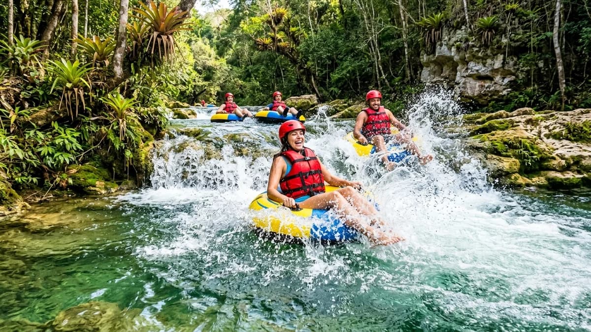 Turistas sorridentes descendo corredeiras em boias individuais reforçadas no limpos Rio Formoso no Parque Ecológico em Bonito MS em agosto