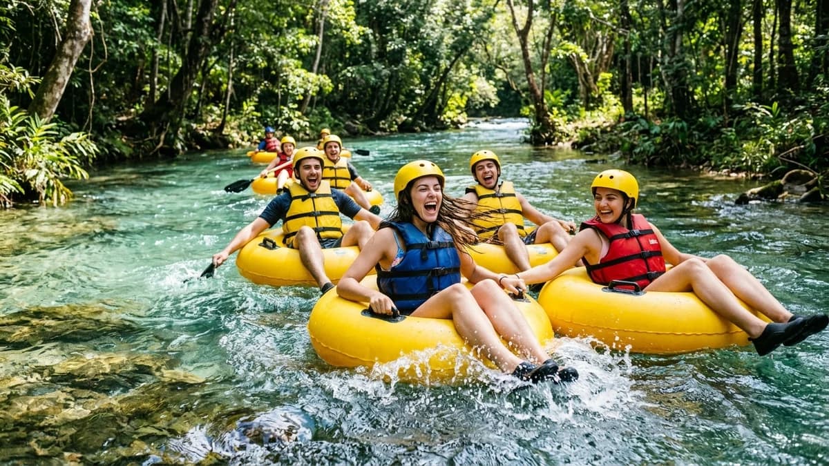 Grupo de jovens ecoturistas sorrindo e vibrando de alegria enquanto descem de boia-cross individual nas corredeiras cristalinas do Rio Formoso em Bonito MS