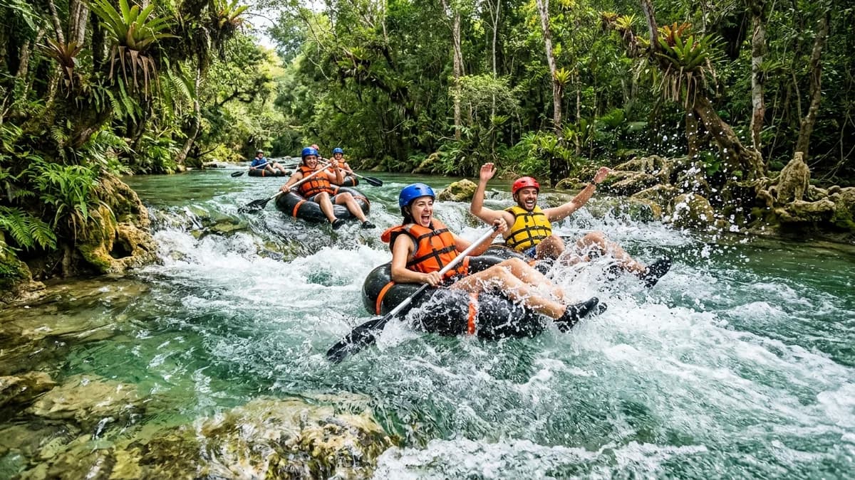 Turistas alegres em boia cross descendo corredeira de águas cristalinas verde esmeralda no Rio Formoso em Bonito MS