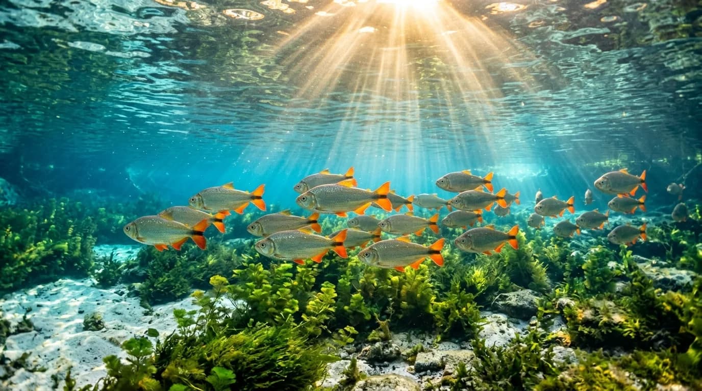 Águas cristalinas subaquáticas em Bonito MS com cardume de piraputangas e plantas aquáticas iluminadas por raios de sol