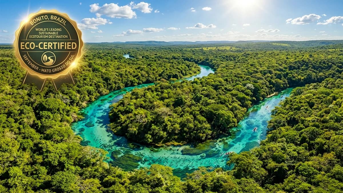 Vista aérea espetacular do Rio Sucuri sinuoso em Bonito MS cercado por mata nativa com selo internacional de certificação sustentável sobreposto em setembro