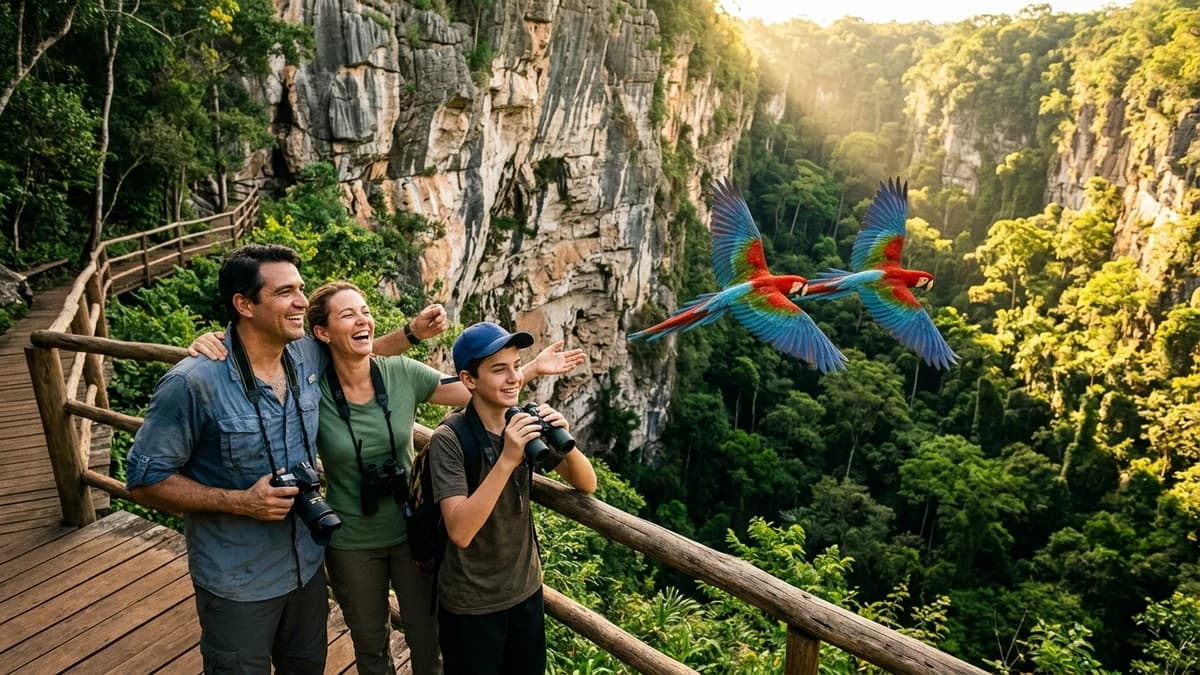 Família de ecoturistas sorrindo e observando casais de araras-vermelhas voando sobre o paredão de arenito da dolina Buraco das Araras perto de Bonito MS