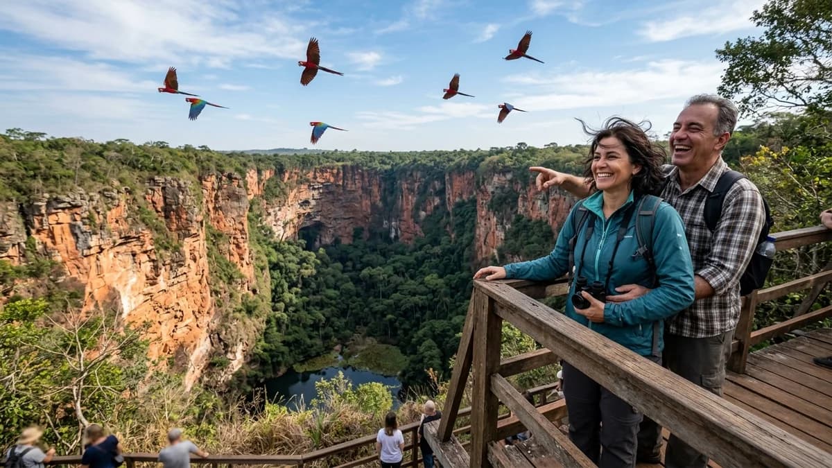 Casal de ecoturistas sorrindo no mirante de madeira observando o monumental cânion de 100m de profundidade do Buraco das Araras com araras-vermelhas voando em pares no céu azul de agosto
