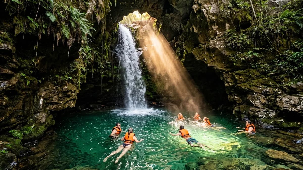 Interior da caverna oculta da Cachoeira Buraco do Macaco em Bonito MS com cascata d'água desabando em piscina natural esmeralda iluminada por raio de sol que entra pela abertura rochosa superior