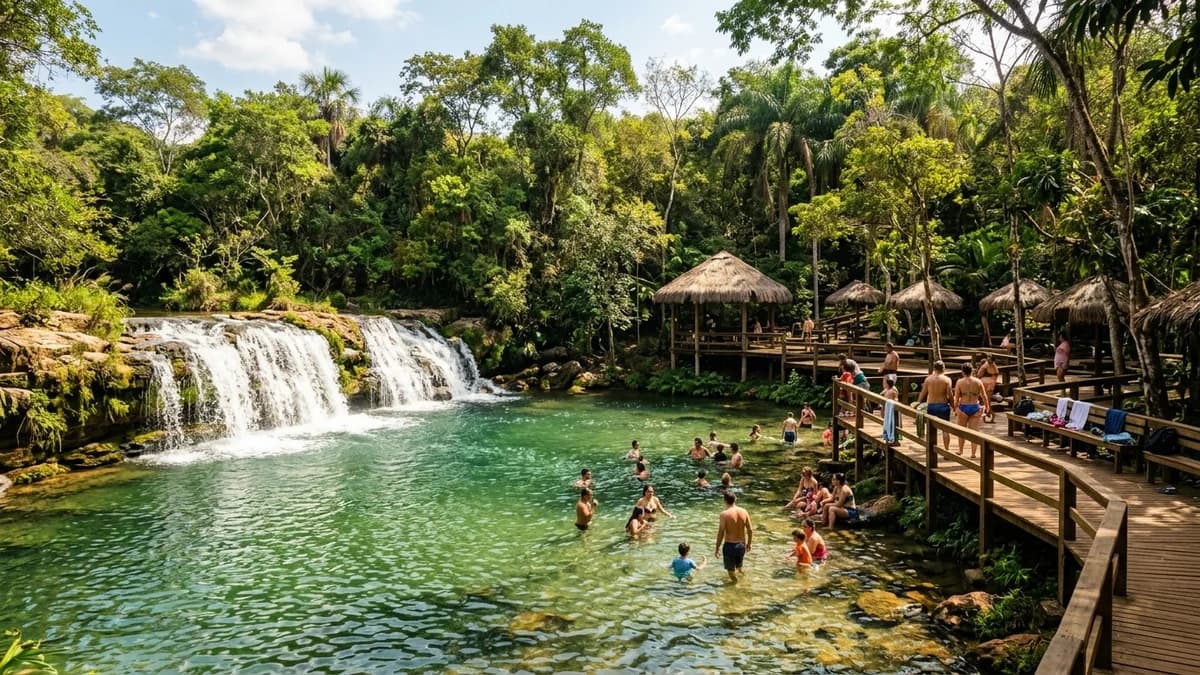 Famílias banhando-se nas águas calmas da piscina natural da Cachoeira da Barrinha no Rio Betione em Bodoquena MS junto a quiosques de palha em agosto