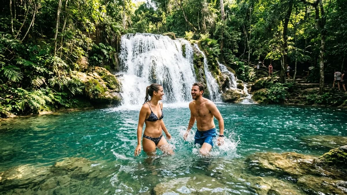 Casal de ecoturistas sorrindo e se divertindo nas águas cristalinas azul-turquesa da piscina natural sob a cachoeira da Estância Mimosa em Bonito MS