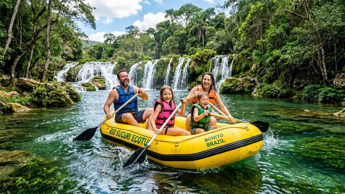 Família de ecoturistas sorridente passeando de bote inflável no rio verde-esmeralda da Serra da Bodoquena em Bonito MS cercada por mata ciliar e cachoeiras de tufas calcárias