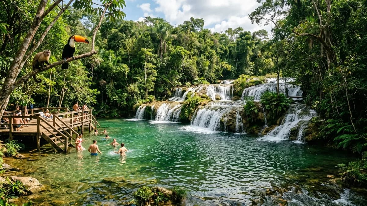 Pessoas nadando nas piscinas naturais das Cachoeiras do Rio do Peixe em Bonito MS com tucanos e macacos nos galhos de madeira em agosto