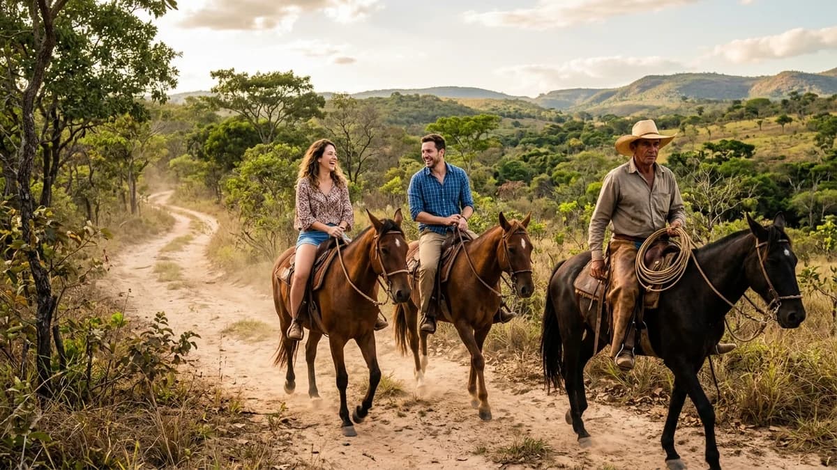 Grupo de turistas cavalgando em fila indiana acompanhados por peão pantaneiro em trilha ensolarada do cerrado com ipês floridos em Bonito MS sob o céu azul de agosto