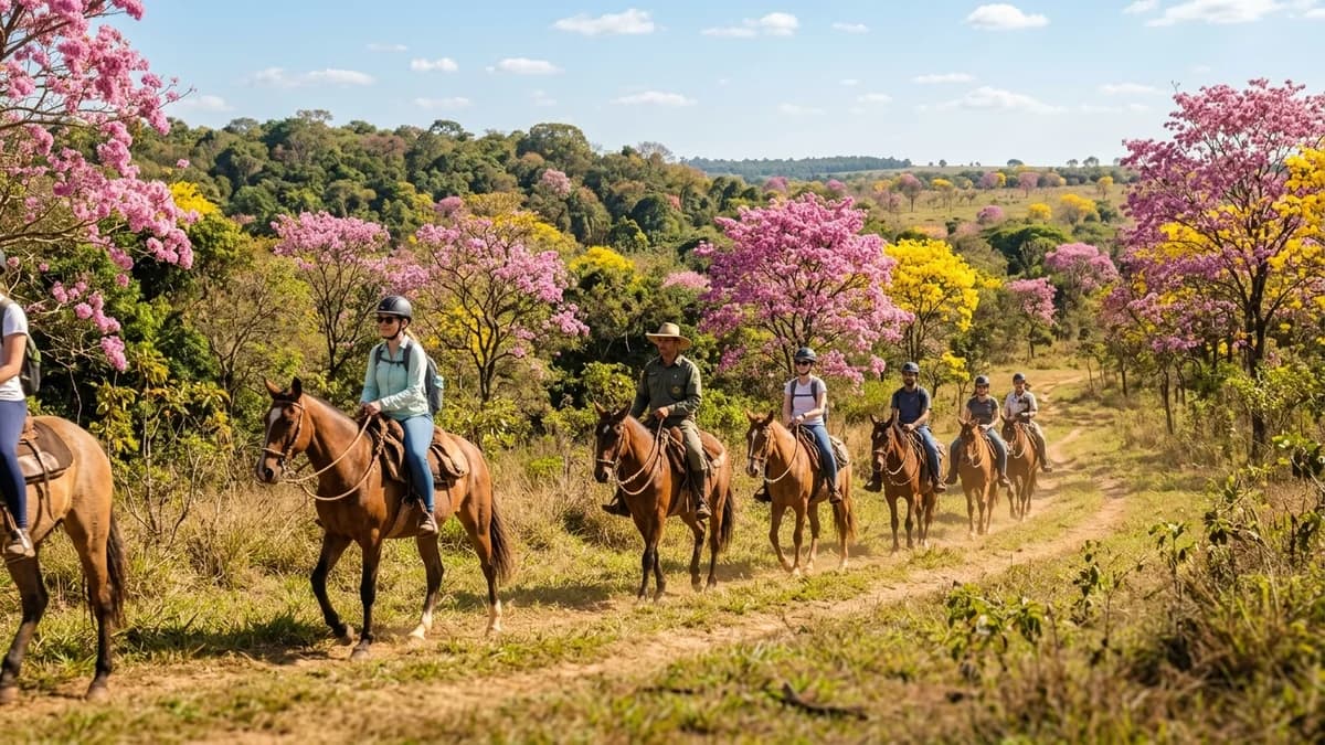 Grupo de ecoturistas cavalgando em cavalos pantaneiros por trilha cercada por ipês rosa e amarelos floridos no Recanto Ecológico Rio da Prata em Jardim MS em agosto