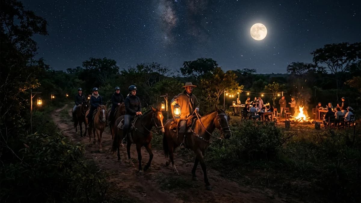 Grupo de turistas em cavalgada noturna guiada por peão pantaneiro com lanternas sob a lua cheia e fogueira com jantar ao fundo em Bonito MS em setembro
