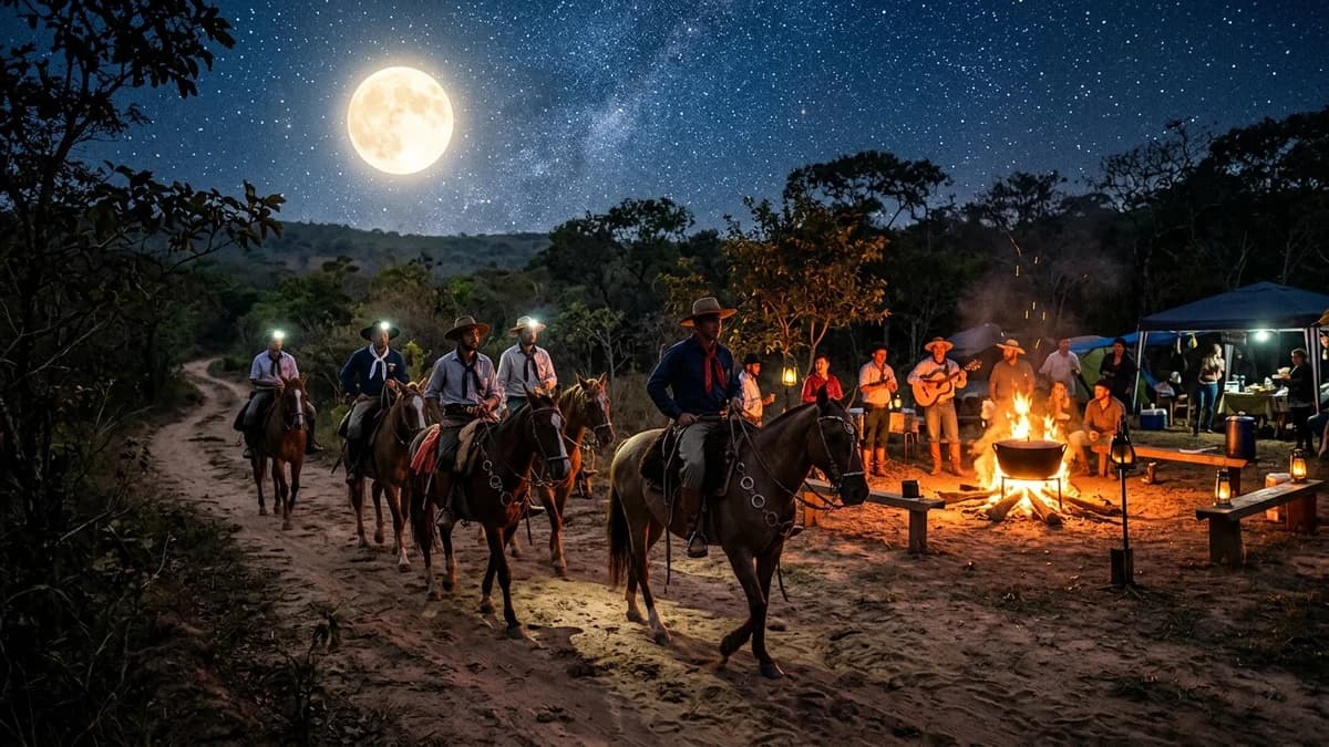 Grupo de cavalgada noturna com cavalos pantaneiros sob a lua cheia e céu estrelado em Bonito MS ao lado de fogueira com luau e viola caipira em agosto