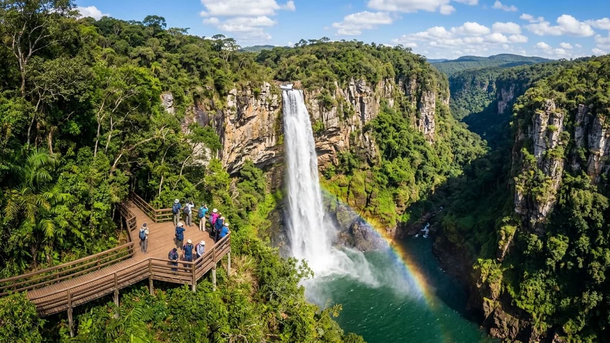 Vista panorâmica espetacular da Cachoeira Boca da Onça de 156 metros caindo no cânion da Serra da Bodoquena MS com turistas no mirante de madeira e arco-íris em agosto