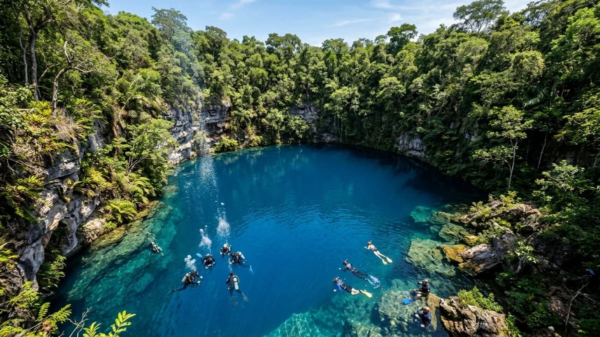 Imensa dolina de colapso inundada por água azul-turquesa cristalina com mergulhadores e flutuadores em setembro na Lagoa Misteriosa em Jardim MS