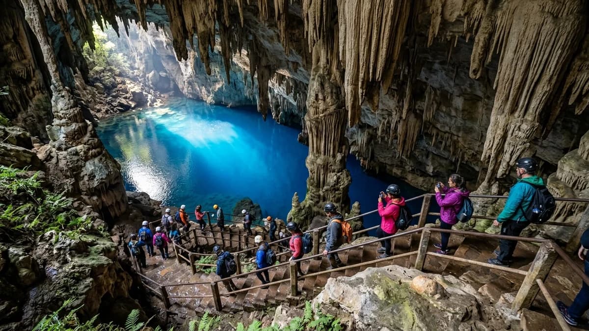 Ecoturistas descendo a escadaria de pedra monumental cercada por estalactites gigantes até o espelho d água azul cobalto da Gruta do Lago Azul em Bonito MS em setembro