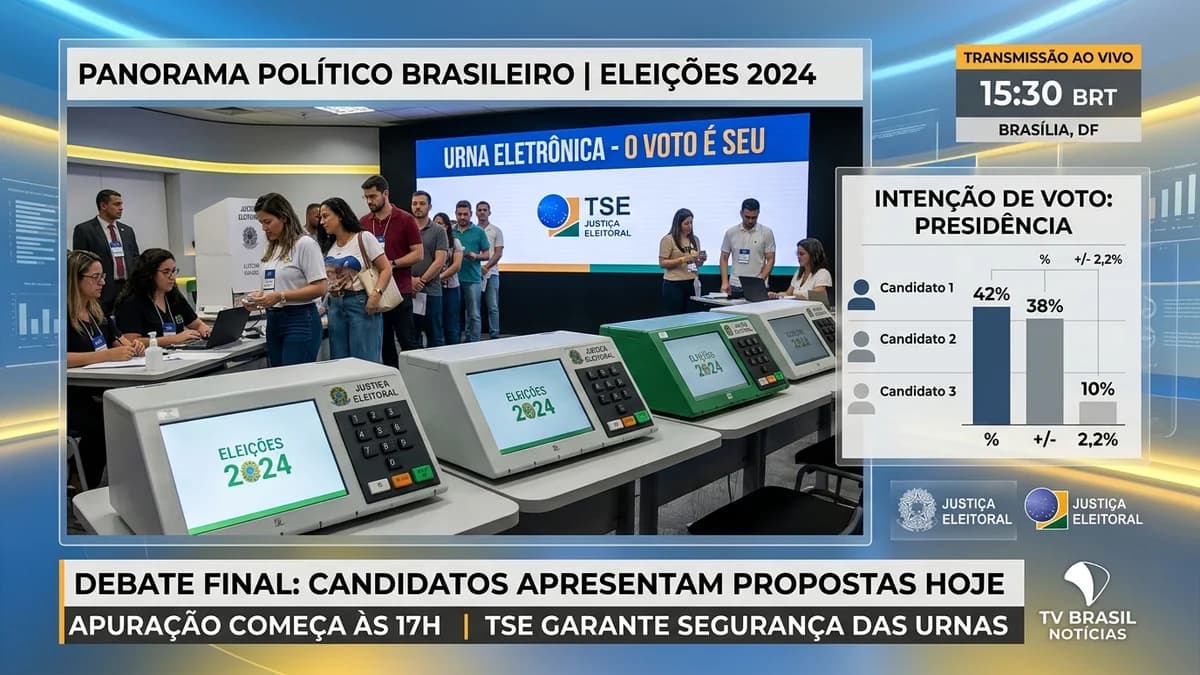 Painel representativo da corrida presidencial de 2026 no Brasil com mapas e símbolos de debates e pesquisas eleitorais