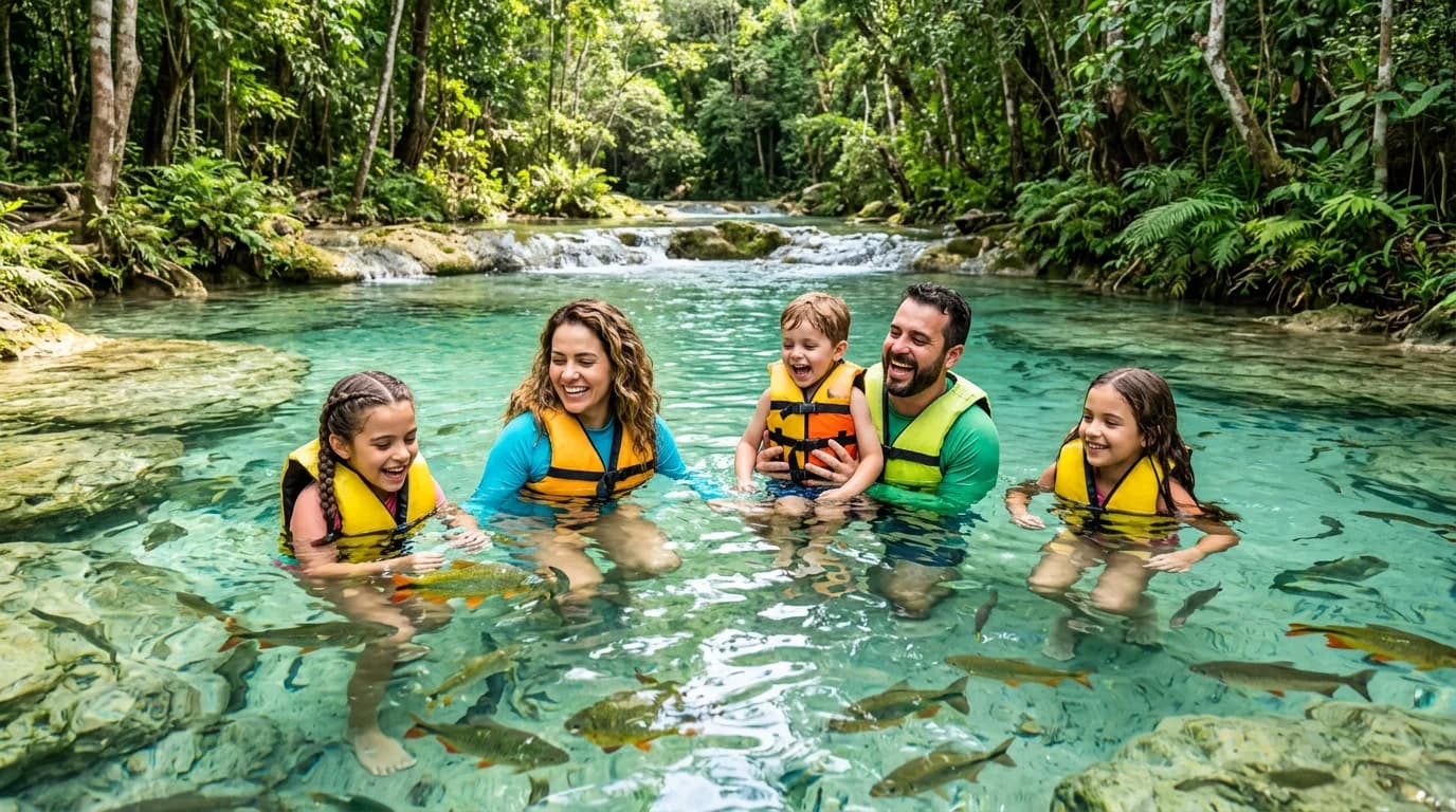 Guia completo para curtir o Dia das Crianças de 2026 em Bonito MS: balneários com piscinas naturais, flutuações com barco de apoio, atrações educativas e hospedagem na Pousada Casa Azul.
