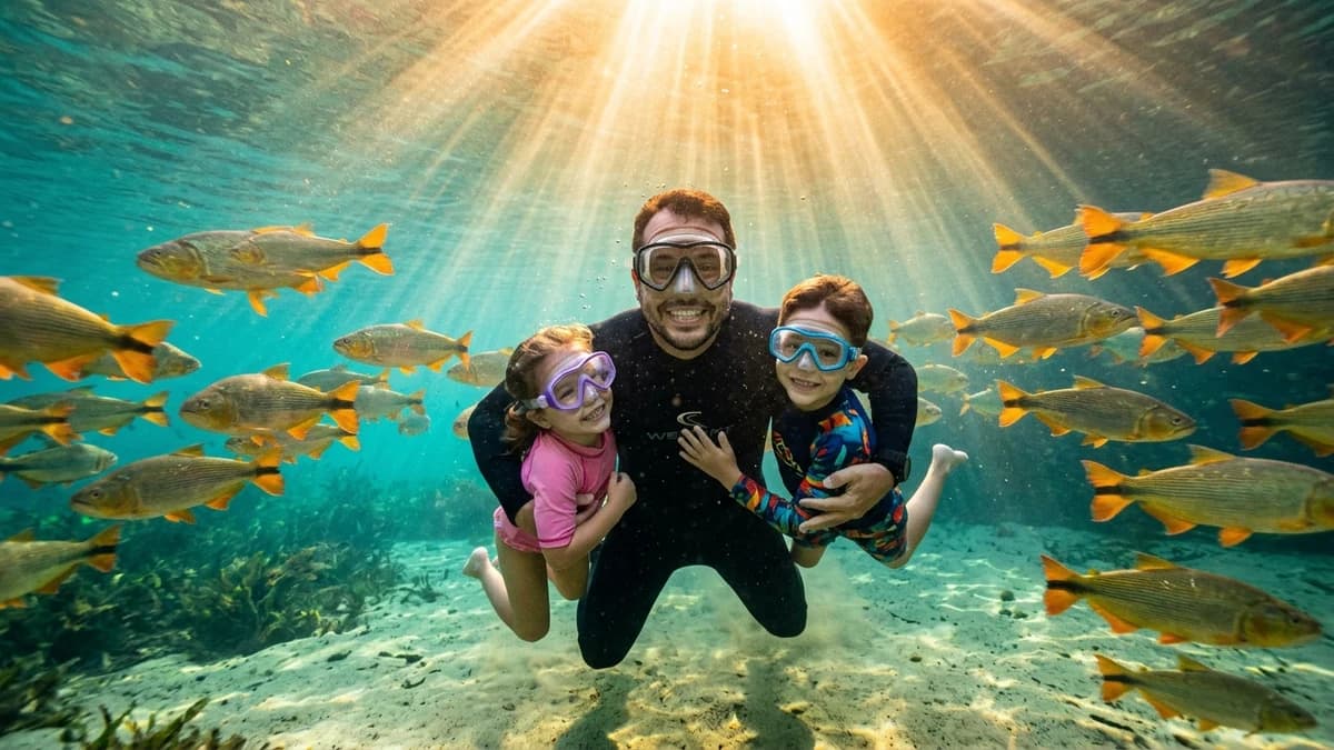 Pai feliz sorrindo e abraçando os filhos pequenos debaixo d'água nas águas cristalinas do Rio Sucuri em Bonito MS cercados por peixes piraputangas