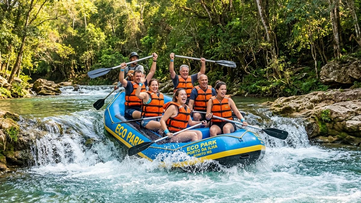 Grupo de aventureiros em bote inflável descendo as corredeiras cristalinas do Rio Formoso no Eco Park Porto da Ilha em Bonito MS em setembro