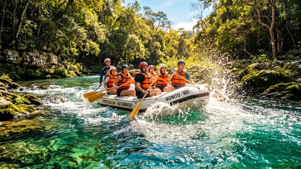 Turistas em bote inflável com coletes salva-vidas e capacetes descendo corredeira de águas cristalinas no Rio Formoso no Eco Park Porto da Ilha em Bonito MS sob o sol de agosto
