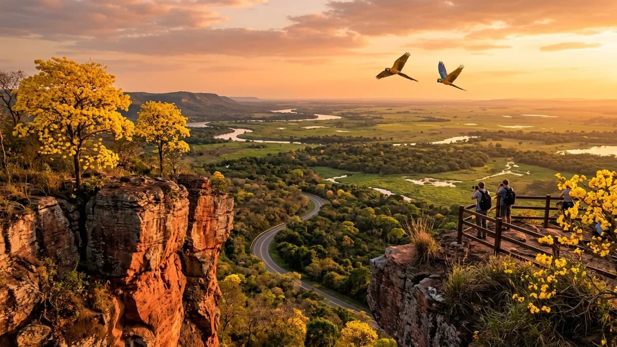 Vista panorâmica deslumbrante do pôr do sol no Mirante do Morro do Paxixi na Serra de Maracaju com falésias avermelhadas, ipês-amarelos floridos e a planície do Pantanal de Aquidauana ao fundo em agosto