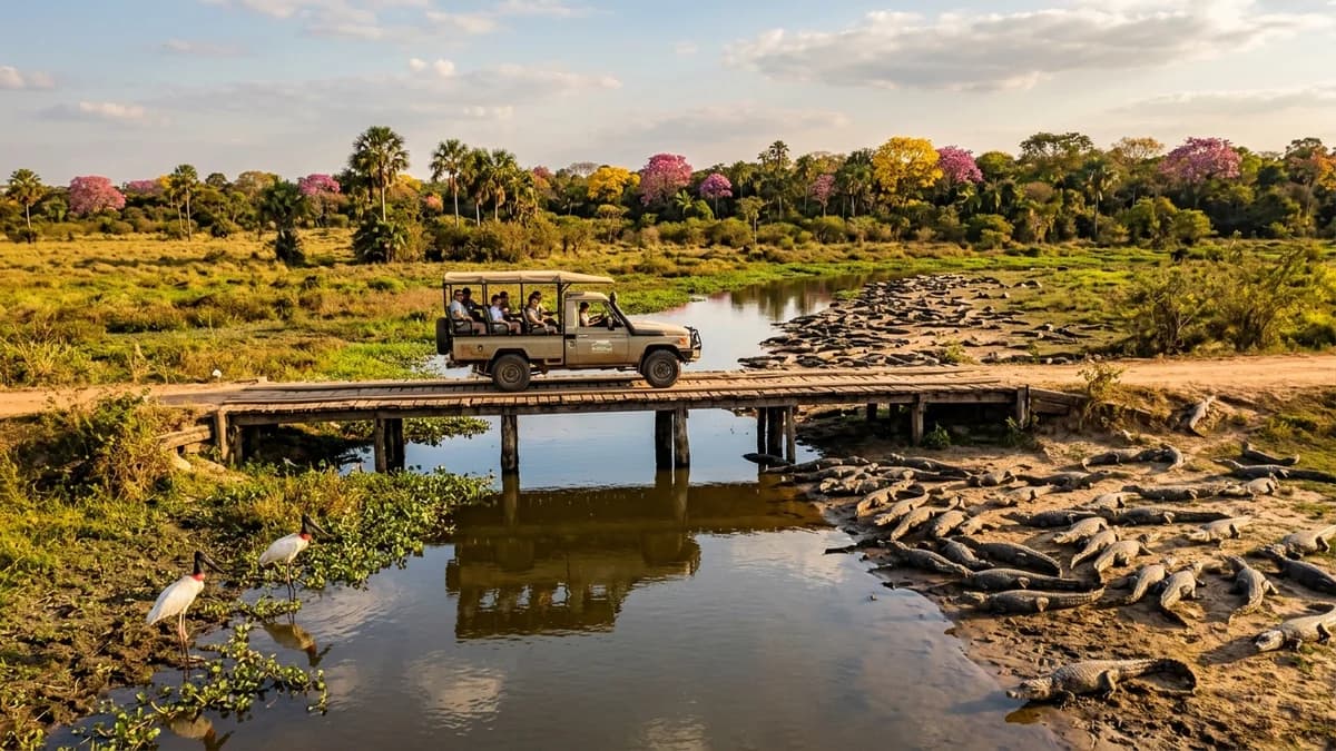 Veículo de safári cruzando ponte rústica de madeira na Estrada Parque do Pantanal MS com centenas de jacarés na margem, tuiuiús e ipês floridos em agosto