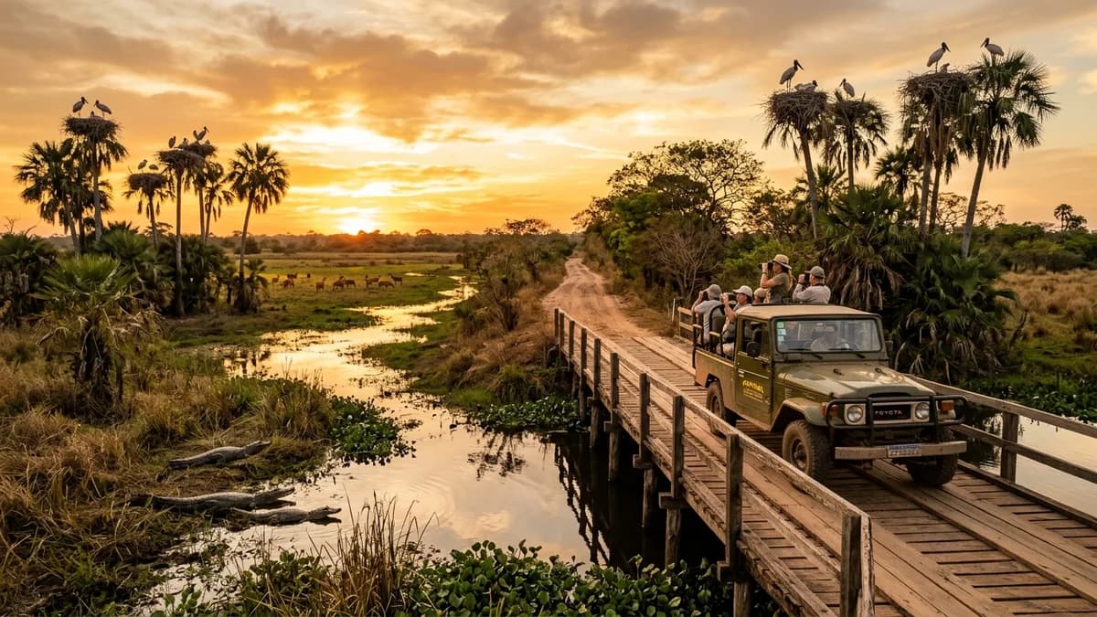 Veículo 4x4 de safári parado sobre ponte rústica de madeira na Estrada Parque do Pantanal em Miranda MS fotografando jacarés e ninhos de tuiuiú no pôr do sol em agosto