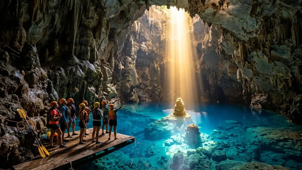 Feixe vertical de luz solar dourada cortando a fenda do teto do Abismo Anhumas em Bonito MS e iluminando o lago cristalino e cones submersos em setembro