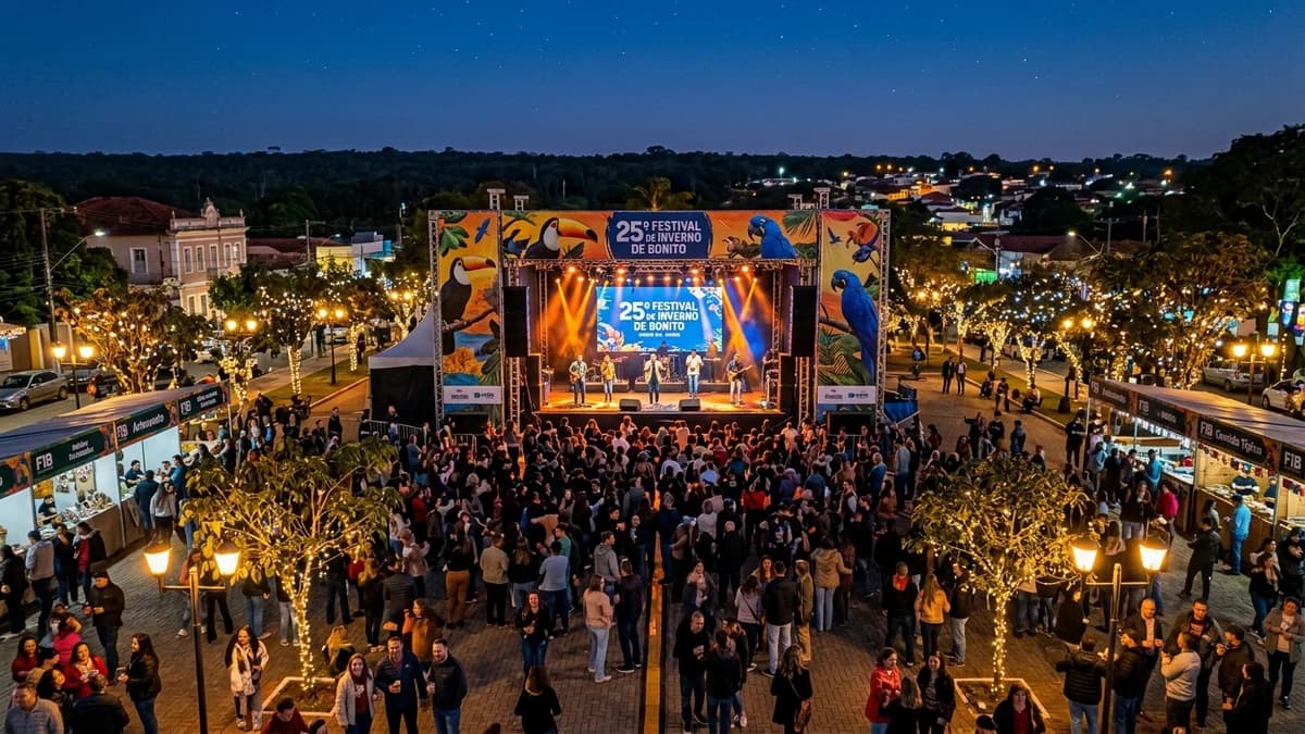 Público vibrante e famílias assistindo a show de música ao vivo no palco iluminado do Festival de Inverno de Bonito na Praça da Liberdade ao entardecer sob o céu estrelado de agosto