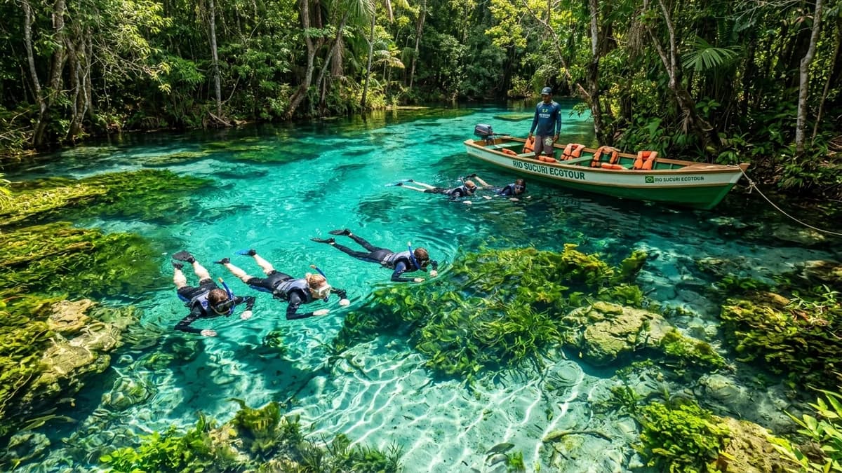 Ecoturistas fazendo flutuação de snorkel na límpida nascente do Rio Sucuri em Bonito MS ao lado de barco elétrico de apoio e exuberante vegetação subaquática em setembro