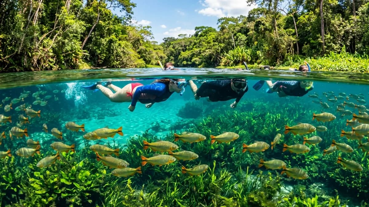 Turistas flutuando nas águas turquesas e jardins subaquáticos da Barra do Sucuri em Bonito MS em setembro