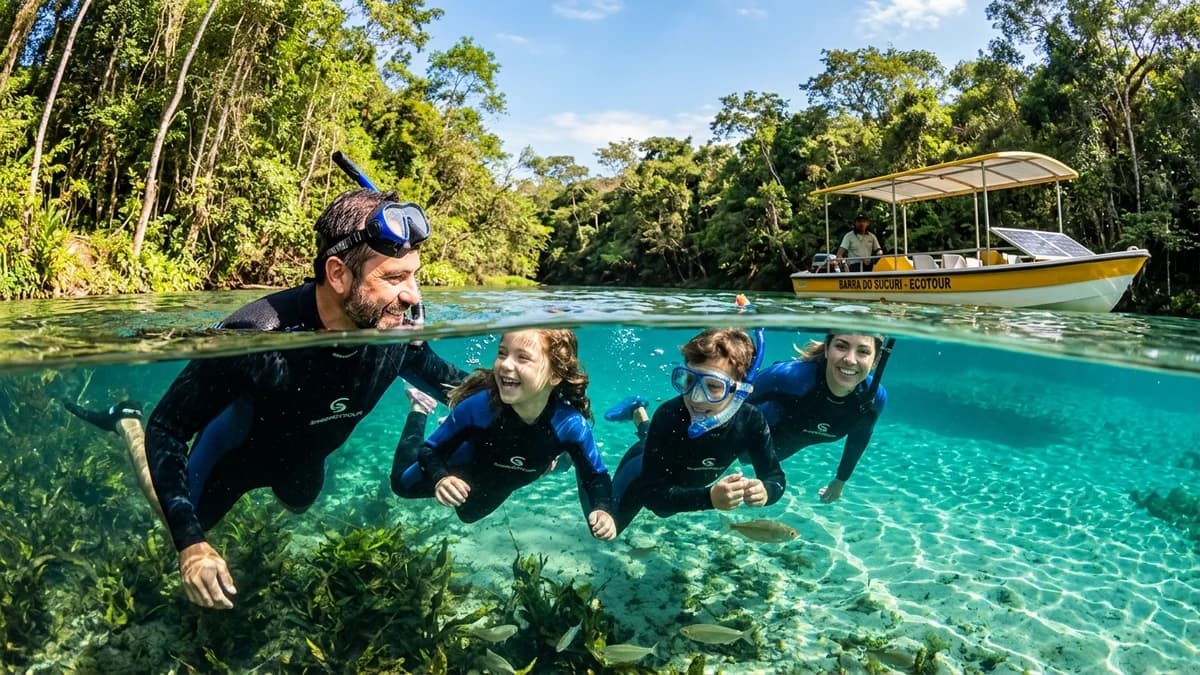 Ecoturistas flutuando suavemente de snorkel e colete nas águas azul-turquesa cristalinas da Barra do Sucuri em Bonito MS cercados por piraputangas e plantas aquáticas