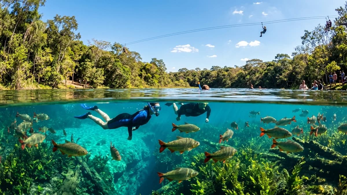 Snorkelers flutuando na fenda turquesa cristalina da Nascente Azul em Bonito MS com tirolesa aérea visível ao fundo sob o céu de agosto