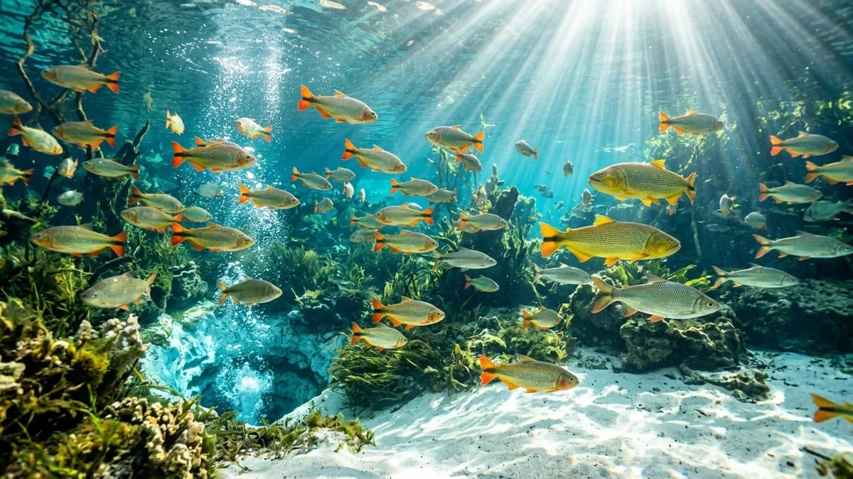 Visão subaquática surreal da ressurgência transparente na Nascente Baía Bonita Aquário Natural em Bonito MS com centenas de Piraputangas em agosto