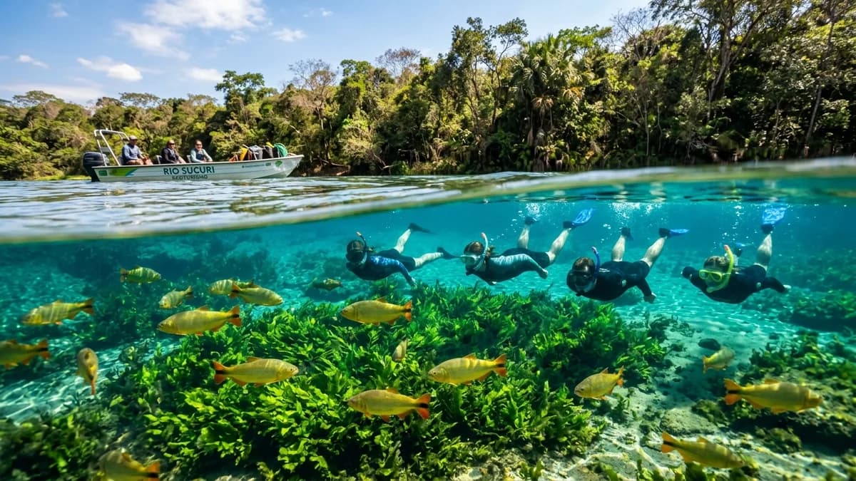 Visão subaquática e de superfície de ecoturistas flutuando nas águas hiper-transparentes do Rio Sucuri em Bonito MS acompanhados por barco elétrico em setembro