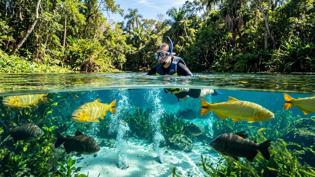 Snorkeler flutuando nas águas cristalinas azul-turquesa da Nascente do Olho d'Água no Rio da Prata em Jardim MS com cardumes de Dourados e Pacus em agosto
