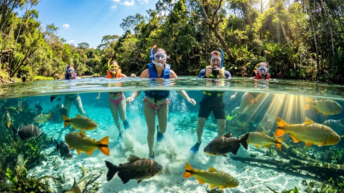 Ecoturistas flutuando de snorkel na cristalina Nascente Olho d'Água no Rio da Prata em Jardim MS entre ressurgências de areia e grandes Dourados em setembro